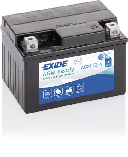 Batterie  EXIDE MOTO AGM12-4 12 V 3 AH + 50 AMPS EN + Droite  115x70x85