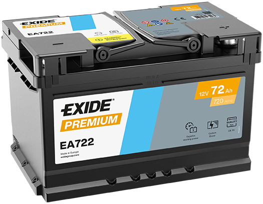 Batterie  EXIDE PREMIUM EA722 12 V 72 AH + 720 AMPS EN + Droite  278x175x175