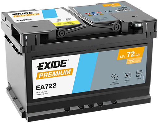 Batterie  EXIDE PREMIUM EA722 12 V 72 AH + 720 AMPS EN + Droite  278x175x175