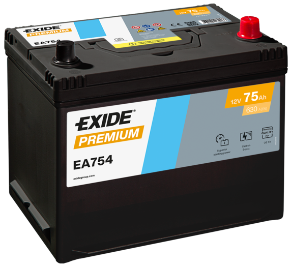 Batterie  EXIDE PREMIUM EA754 12 V 75 AH + 630 AMPS EN + Droite  270x173x222