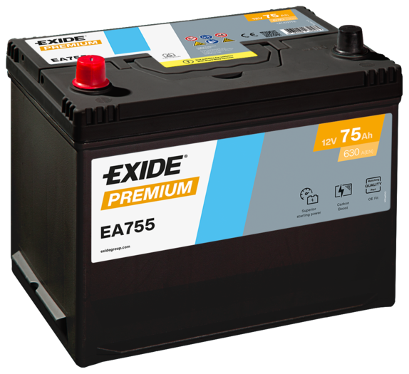 Batterie  EXIDE PREMIUM EA755 12 V 75 AH + 630 AMPS EN + Gauche 270x173x222