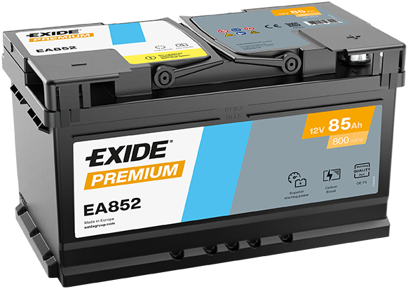 Batterie  EXIDE PREMIUM EA852 12 V 85 AH + 800 AMPS EN + Droite  315x175x175