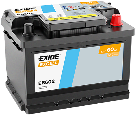 Batterie  EXIDE EXCELL EB602 12 V 60 AH + 540 AMPS EN + Droite  242x175x175