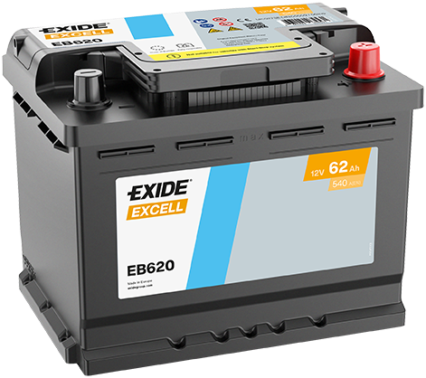 Batterie  EXIDE EXCELL EB620 12 V 62 AH + 540 AMPS EN + Droite  242x175x190