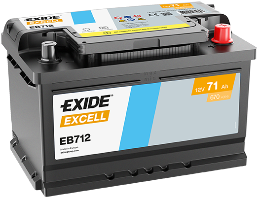 Batterie  EXIDE EXCELL EB712 12 V 71 AH + 670 AMPS EN + Droite  278x175x175