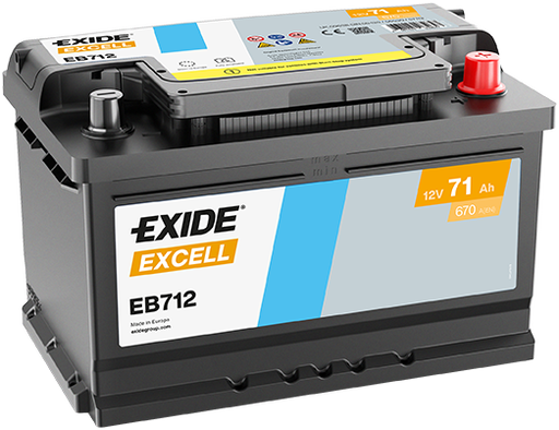 Batterie  EXIDE EXCELL EB712 12 V 71 AH + 670 AMPS EN + Droite  278x175x175