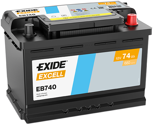 Batterie  EXIDE EXCELL EB740 12 V 74 AH + 680 AMPS EN + Droite  278x175x190