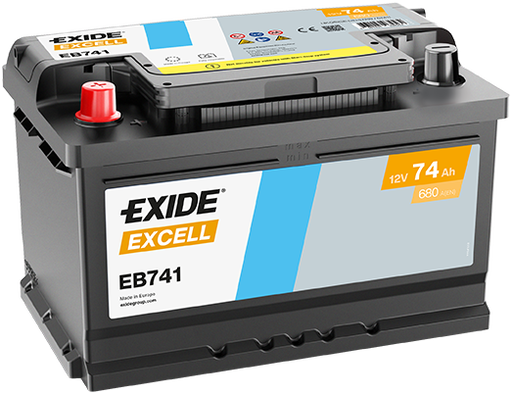 Batterie  EXIDE EXCELL EB741 12 V 74 AH + 680 AMPS EN + Gauche 278x175x190