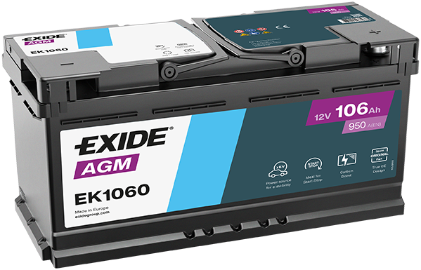 Batterie  EXIDE  AGM  EK1060 12 V 106 AH 950 AMPS EN + Droite  392x175x190