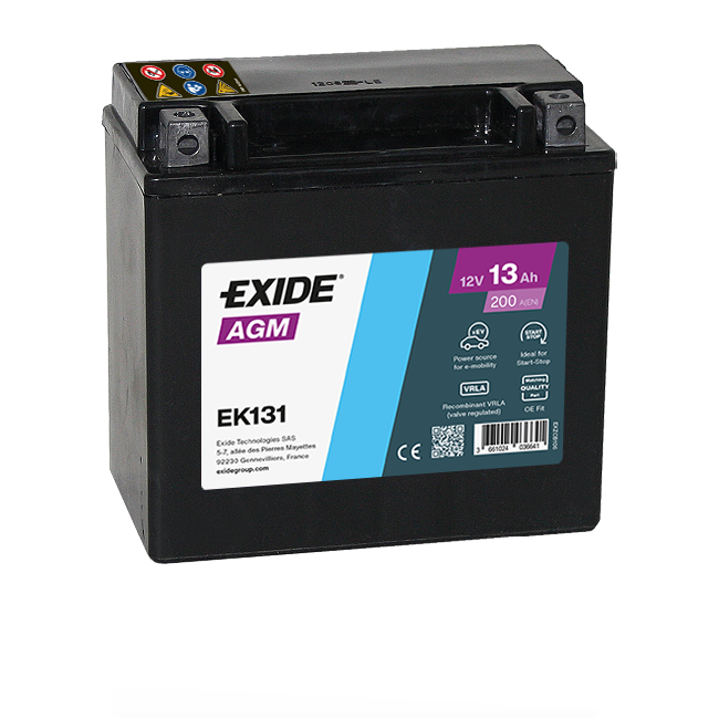 Batterie  EXIDE AUXILIARY EK131 = AGM12-12 / 12 V 12 AH + 200 AMPS EN + Gauche 150x90x145 AUX14
