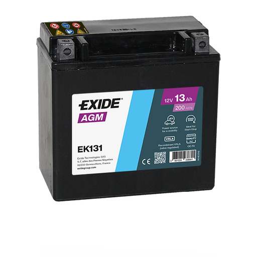 Batterie  EXIDE AUXILIARY EK131 = AGM12-12 / 12 V 12 AH + 200 AMPS EN + Gauche 150x90x145 AUX14