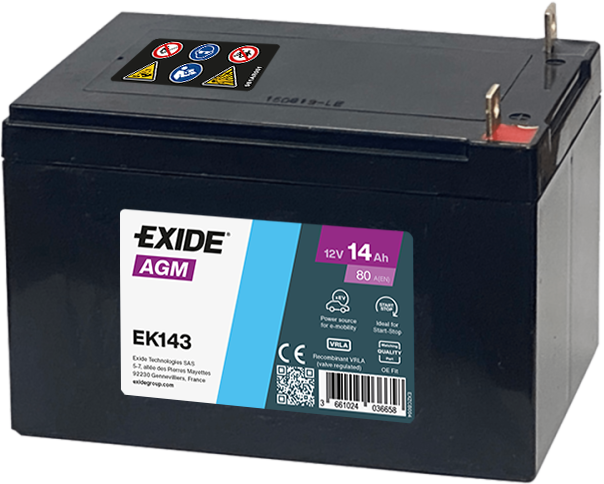 Batterie  EXIDE AUXILIARY EK143 12 V 14 AH + 80 AMPS EN + Gauche 150x100x100 (pour Renault Twizy)