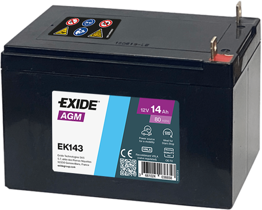 Batterie  EXIDE AUXILIARY EK143 12 V 14 AH + 80 AMPS EN + Gauche 150x100x100 (pour Renault Twizy)