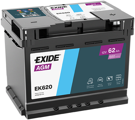 Batterie  EXIDE  AGM  EK620 12 V 62 AH 680 AMPS EN + Droite  242x175x190