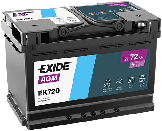 Batterie  EXIDE  AGM  EK720 12 V 72 AH 760 AMPS EN + Droite  278x175x190