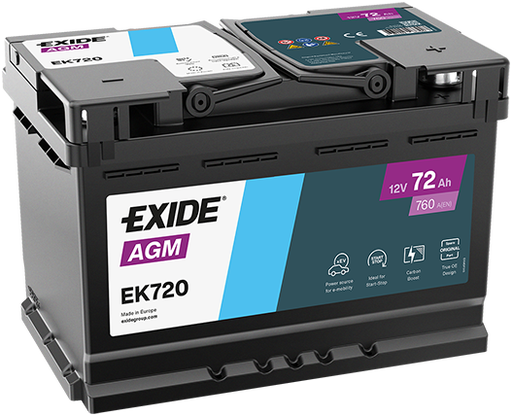 Batterie  EXIDE  AGM  EK720 12 V 72 AH 760 AMPS EN + Droite  278x175x190