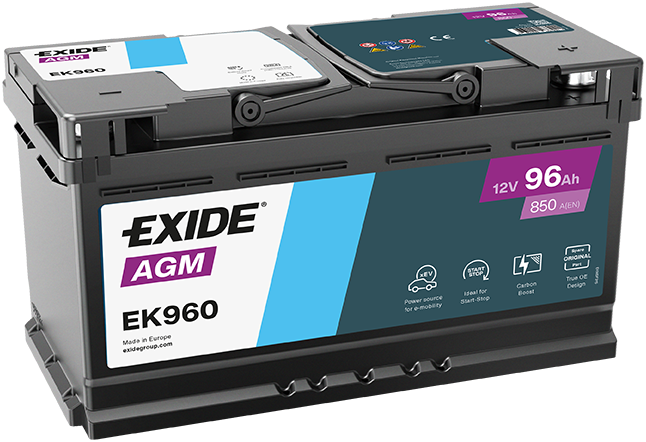 Batterie  EXIDE  AGM  EK960 12 V 96 AH 850 AMPS EN + Droite  353x175x190