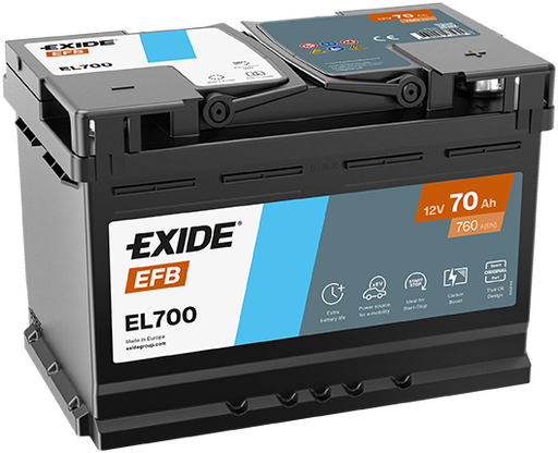 Batterie  EXIDE EFB EL700 12 V 70 AH + 760 AMPS EN + Droite  278x175x190