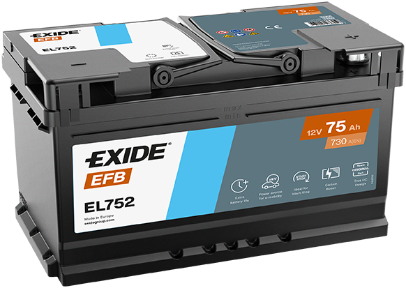 Batterie  EXIDE EFB EL752 12 V 75 AH + 730 AMPS EN + Droite  315x175x175