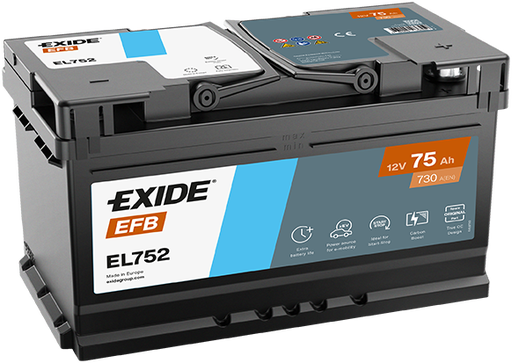 Batterie  EXIDE EFB EL752 12 V 75 AH + 730 AMPS EN + Droite  315x175x175