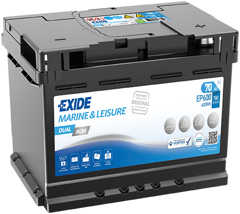 Batterie  EXIDE AGM EP500 12 V 60 AH + 680 AMPS EN + Droite  242x175x190